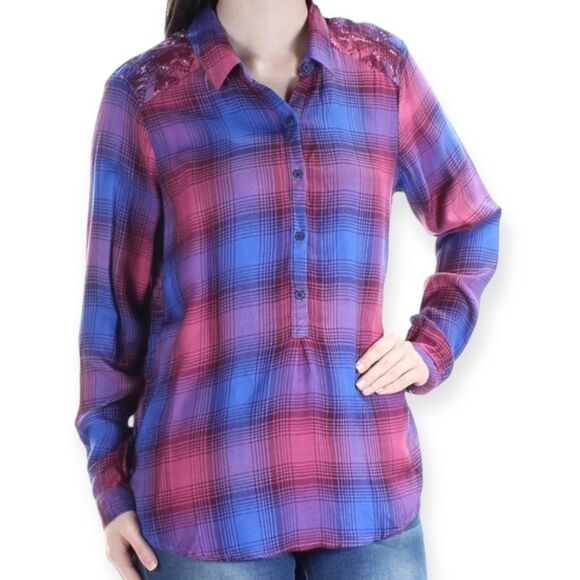 Lucky Brand Purple/Pink Plaid Embellished Long Sleeve Popover Top Size XL - Picture 1 of 13